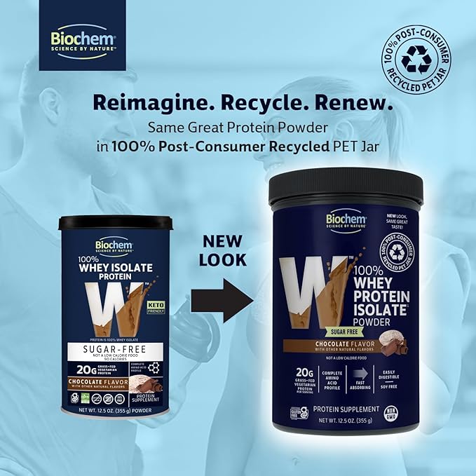 Biochem 100% Whey Sugar-Free Chocolate 20g, 12.5oz, Certified Vegetarian, Certified Gluten Free, Certified Non-GMO Tested, Keto Friendly, Grass-Fed