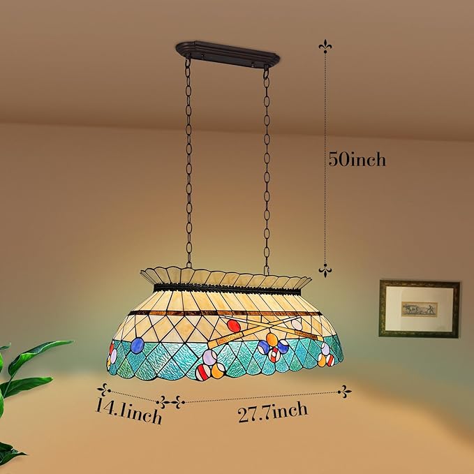 Capulina Tiffany Pool Table Light Pendant Light Fixture 3 Light Amber Green Style Stained Glass Chandelier for Billiard Room Kitchen Island Dining Room