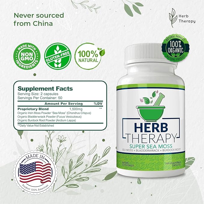 Sea Moss Capsules 100 Pack - Irish Sea Moss with Bladderwrack Powder & Burdock Root Powder - Keto & Alkaline Diet Support - No Fillers Seamoss Raw Supplement