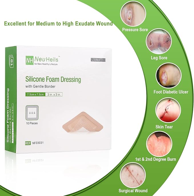 NeuHeils Silicone Adhesive Foam Dressing with Gentle Border 3''x3'' for Bed Sore, 10 Packs, High Absorbency Waterproof Silicone Wound Bandage for Foot Diabetic Ulcer