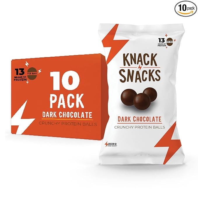 Knack Snacks | Crunchy Protein Balls - Dark Chocolate Flavor (10x 1.2oz Bags) | Lunchbox Ready, High Protein, Naturally Gluten Free, Lower Sugar, Chocolate Snack for School, Work, Travel, Parties