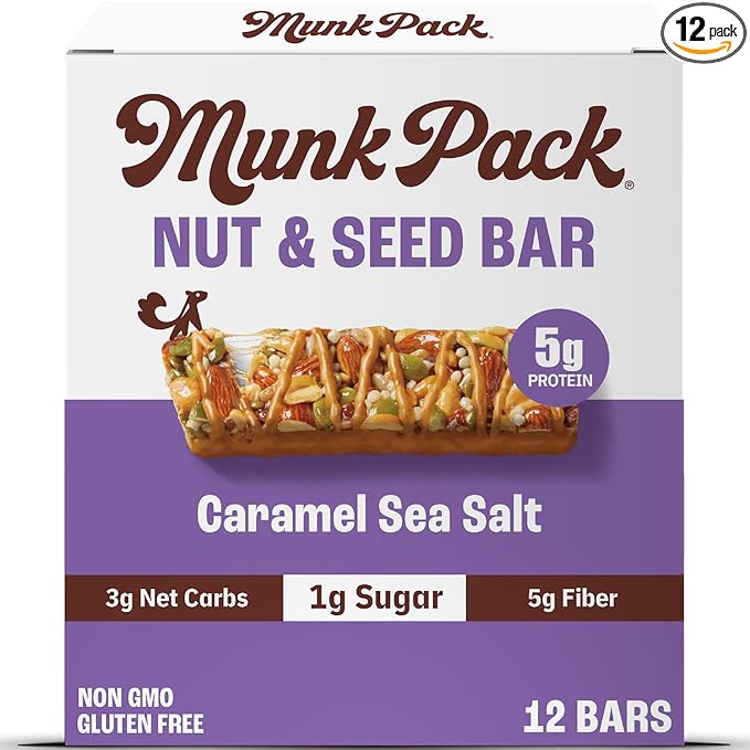 Munk Pack Nut and Seed Snack Bar 6g Protein 1g Sugar 3g Net Carbs Low Sugar Keto and Gluten Free Snack for Adults and Kids Caramel Sea Salt 492 oz 12 Pack
