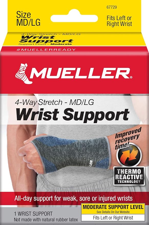 MUELLER Sports Medicine FIR 4-Way Wrist Support, Wrist Pain Relief Support for Men and Women, Ideal for Carpal Tunnel, Tendinitis, Arthritis, Black/Blue