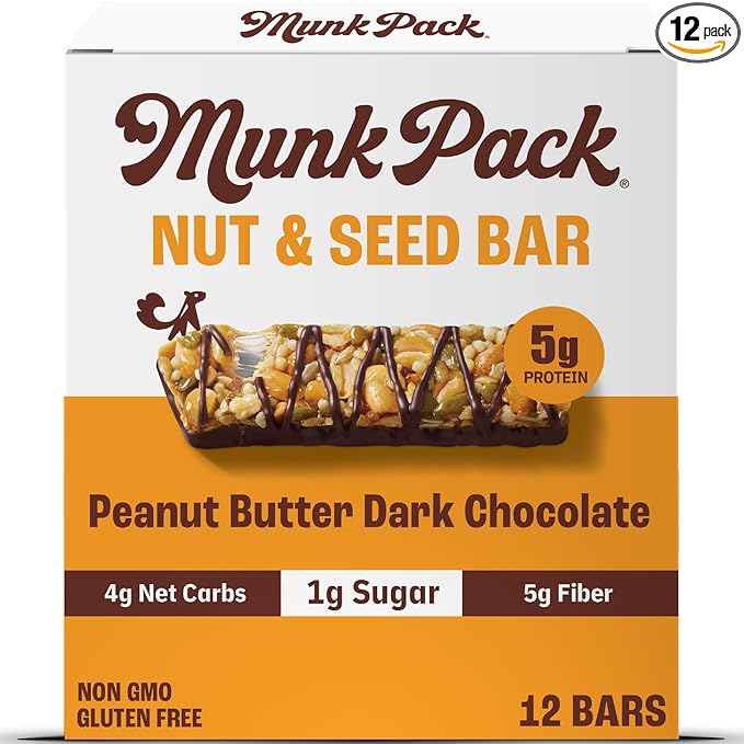 Munk Pack Nut & Seed Snack Bars - 5g Protein, 1g Sugar, 3g Net Carbs, Low Sugar, Keto, and Gluten Free Snack for Adults and Kids, Peanut Butter Dark Chocolate – 4.92 oz, 12 Pack