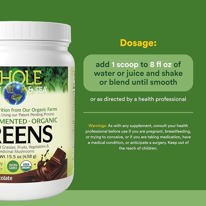 Whole Earth & Sea from Natural Factors, Organic Fermented Greens, Vegan Whole Food Supplement, Chocolate, 15.5 Oz