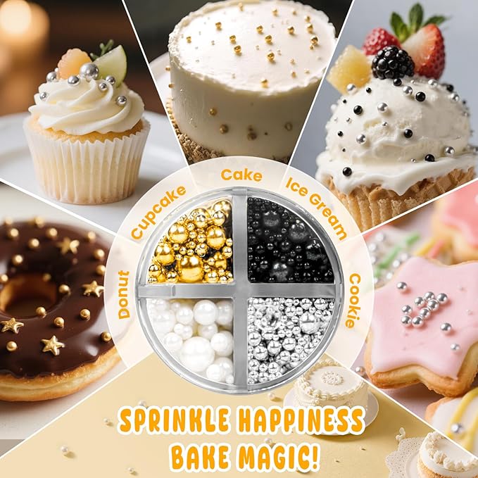 Edible Pearl Sugar Sprinkles for Cake Decorating, Mix 4 Colors Gold White Silver and Black Pearls Sprinkles for Cupcake, Cookie, Baking Cake Decorations, 160g/5.64oz, Holiday, Wedding Party Supplies