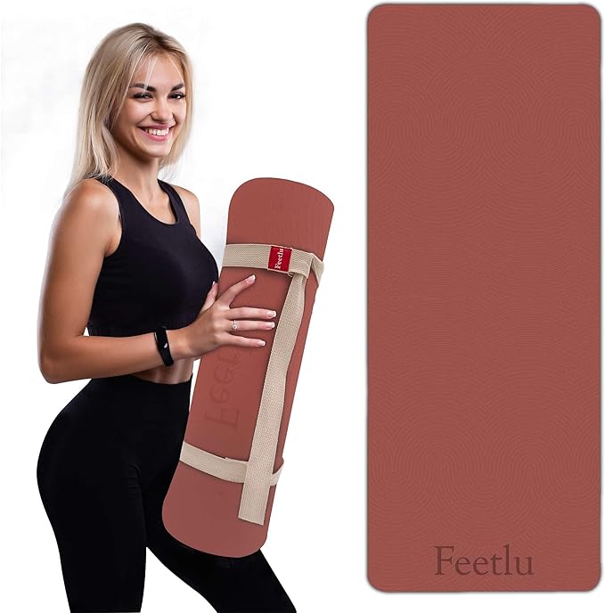 Extra Thick 12mm Exercise Mat – Non-Slip, Joint-Friendly & Cushioned Fitness Mat for Yoga, Pilates & Floor Workouts – Durable, Supportive & Includes Feetlu Classic Strap