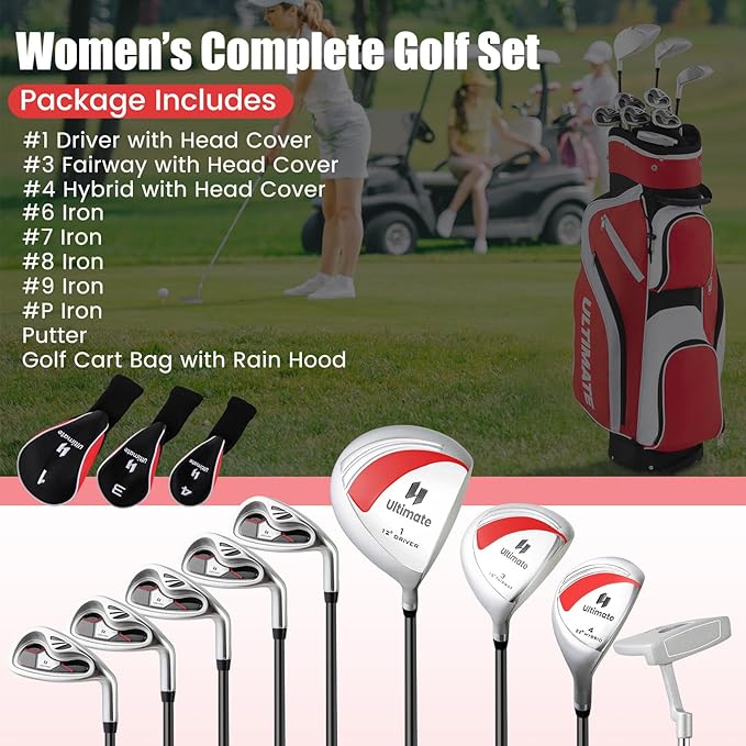 Tangkula 9/10/12 Pieces Women's Complete Golf Clubs Set, Golf Club Package Set with 460CC Driver, Fairway Wood & Hybrid, Irons, Putter, Portable Regular Golf Club Set