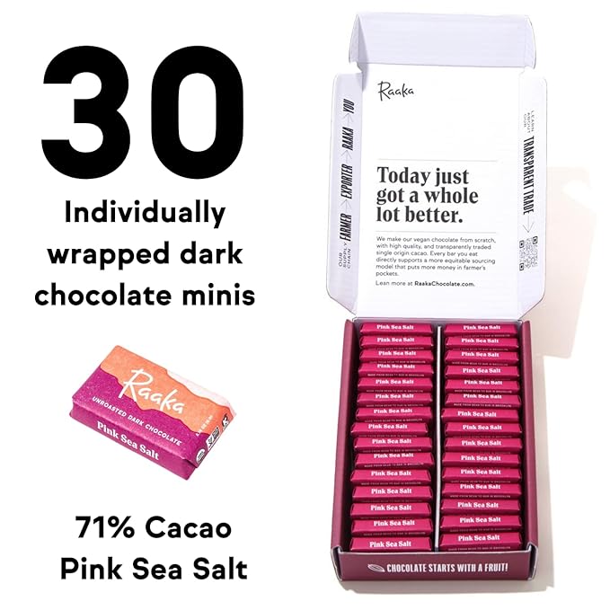 Raaka Pink Sea Salt Chocolate Gift Box | 71% Cacao Dark Chocolate | Organic, Vegan, Gluten Free | Box of 30 Individually Wrapped Chocolates