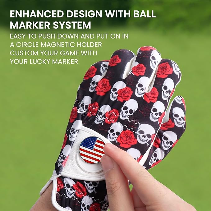 FINGER TEN Golf Gloves Men Left Hand Right with Ball Marker USA Flag Blue Camo Plaid Pack, Mens Leather Golf Glove All Weather Grip Small Medium ML Large XL