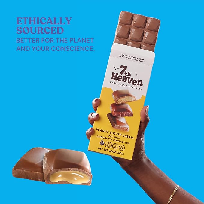 7th Heaven, Vegan Peanut Butter Cream Oat Milk Chocolate Bar (3.5oz Full Size Candy Bars - 4 Packs) - Perfect for Easter Candy, Plant Based Dairy Free Chocolate with Peanut Butter Filling, Fair Trade Cocoa & Coconut Oil, Kosher Parve