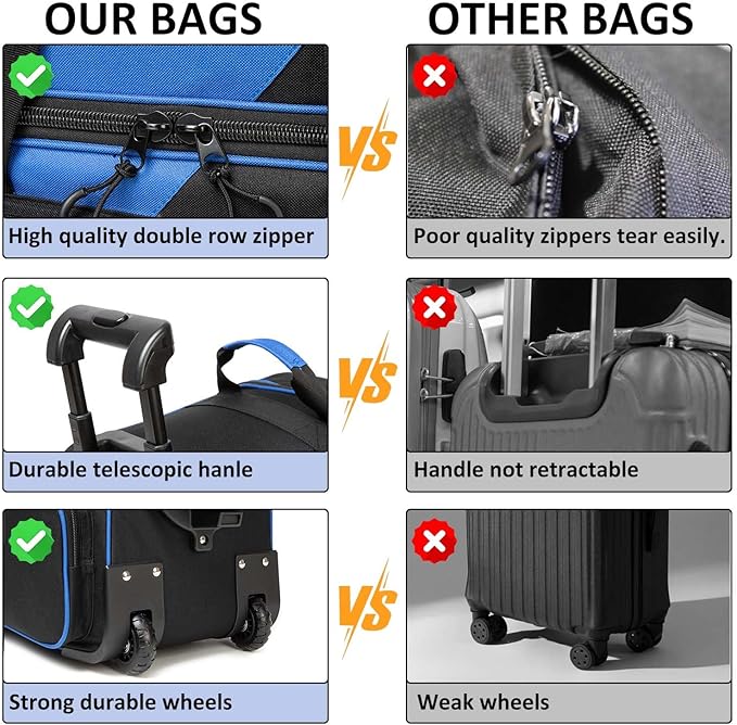 Bowling Bag with Wheels Double Roller 2 Ball Bowling Separate Shoe Compartment and Oversized Accessory Pocket, 36.6" Extendable Handle.
