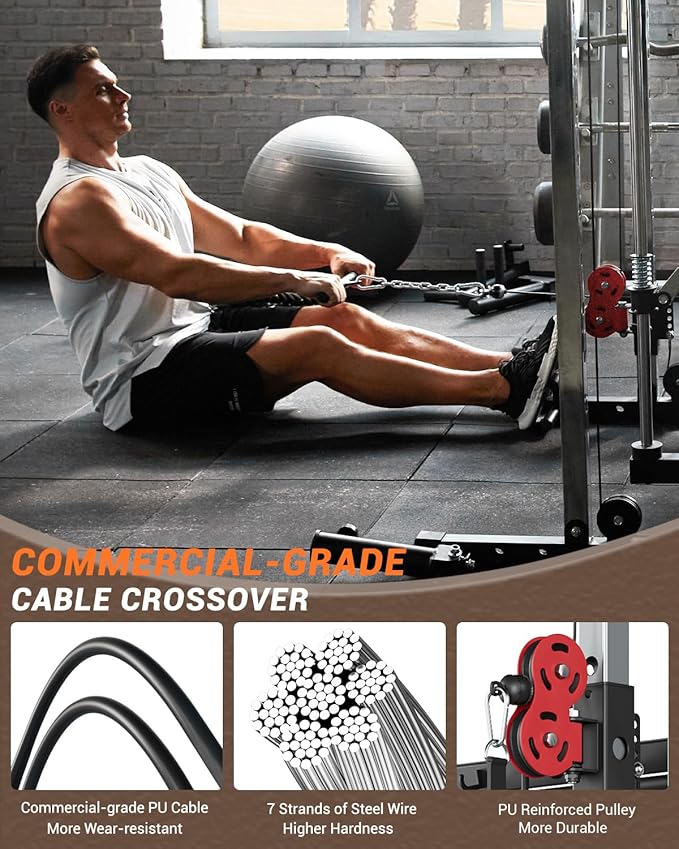 Smith Machine Home Gym, 2200 LBS All in One Squat Rack Power Cage with Smith Bar, Cable Crossover System & LAT-Pull Down System, Training Equipment
