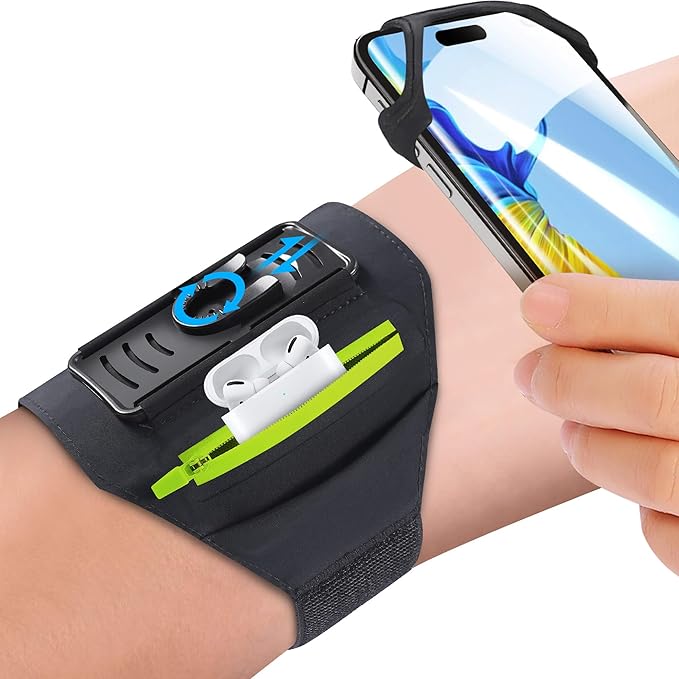 Detachable & 360° Rotatable Running Armband -with Reflective Strap Zipper Pocket & Earphone Bag for iPhone 16 15 14 Pro Max Plus Samsung Galaxy – Workout Exercise Phone Holder with Card Key Slot