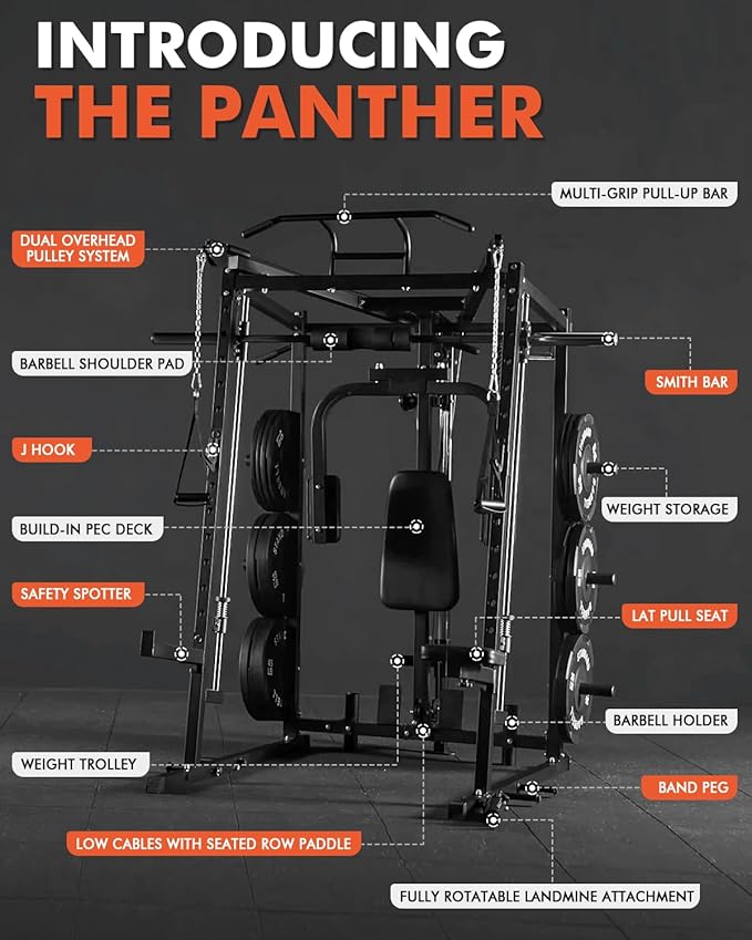 Mikolo All-in-One Smith Machine Home Gym, 2000LBS Power Cage with Cable Crossover System, Integrated Squat Rack with Weight Bar for Full-Body Training—LAT Pulldown, T-Bar Row, Triceps, Chest Fly