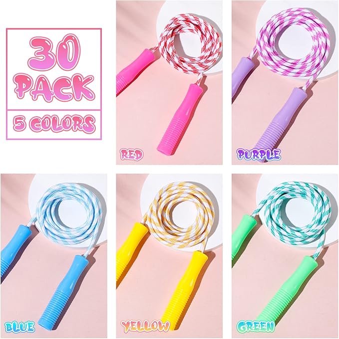 30 Pack Jump Rope for Kids Stripe Ropes with Plastic Handles 8.2 Feet Nylon Jumping Rope Adjustable Weighted Braided Fitness Skipping Rope for Outdoor Exercise Sport Party Equipment, Assorted Colors