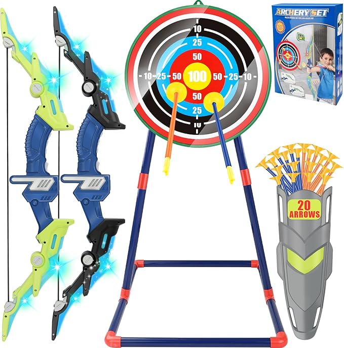 Bow and Arrow Set for Kids 4-12 Years Old, LED Light Up Archery Toy with 20 Suction Cup Arrows and Standing Target, Indoor Outdoor Activity Toys for Ages 4-6 8-13