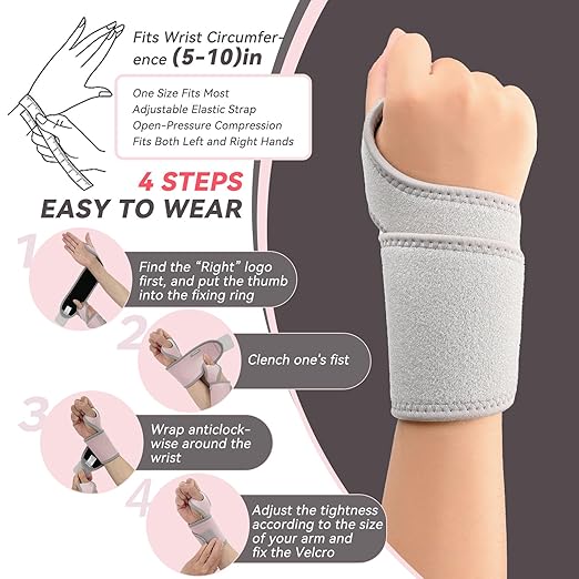 Wrist Support Brace for Right Left Hand 2 Pairs, Wrist Wraps for Women Men, Adjustable Wrist Brace for Carpal Tunnel Tendonitis, Arthritis, Pain Relief, Weightlifting, Sports, Day Night Support, Grey