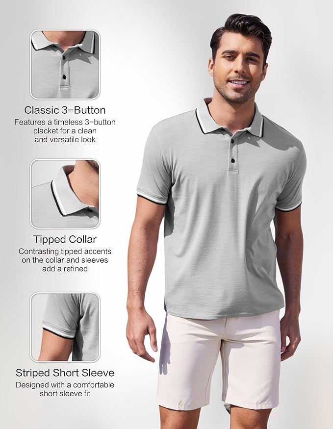 Merino Wool Polo Shirts for Men for Work Sport, Lightweight Breathable Moisture Wicking Mens Polo Shirt Short Sleeve