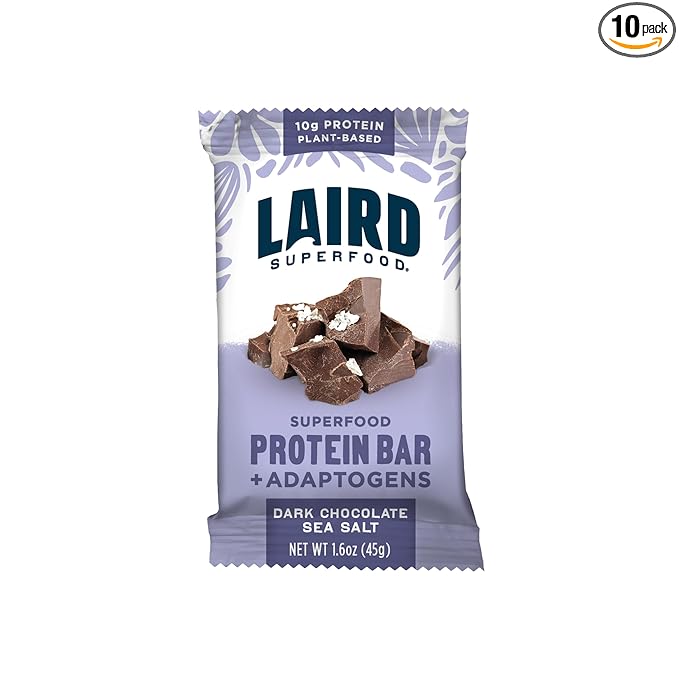 Laird Superfood Functional Protein Bars – Protein Bar but Better with Real Ingredients, Functional Mushrooms 10g Plant-Based Protein, 6g Fiber - Non-GMO - Dark Chocolate Sea Salt, 10 Count (Pack of 1)
