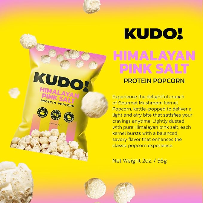Kudo - Himalayan Pink Salt Kettle-Popped Protein Popcorn - Whole Grain, No Seed Oils, Gourmet Mushroom Kernel, Tasty Snack, Classic Flavor - 2oz