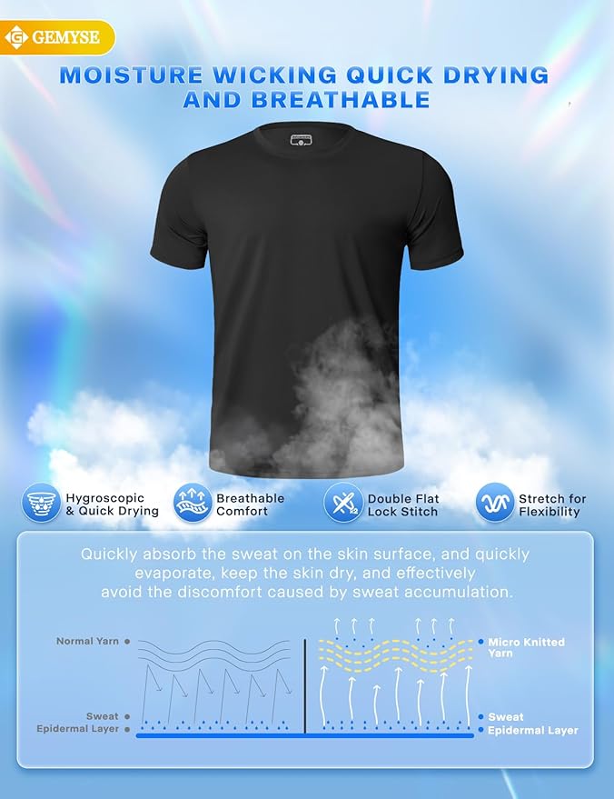 GEMYSE Men's Running Short Sleeve Shirt Sun Protection Quick Dry Moisture Wicking T-Shirts UPF 50+ for Workout