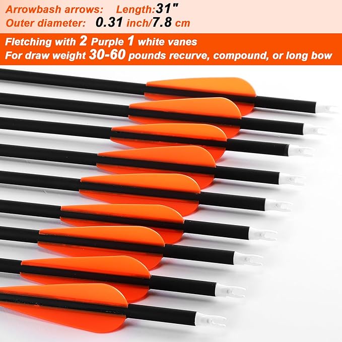 24 Pcs 31.5 Inch Arrows for Compound Bow Hunting Arrows Carbon Arrows with 3 Inch Plastic Arrow Feathers and Removable Tips 500-600 Spine Archery Target Arrows for Recurve Bow
