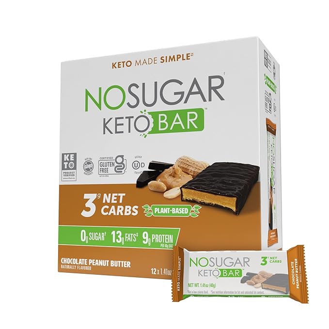 No Sugar Keto Bar Snack - Low Carb No Sugar Keto Snack Food with Keto Friendly Macros (12 x 1.41oz Bars, Peanut Butter)