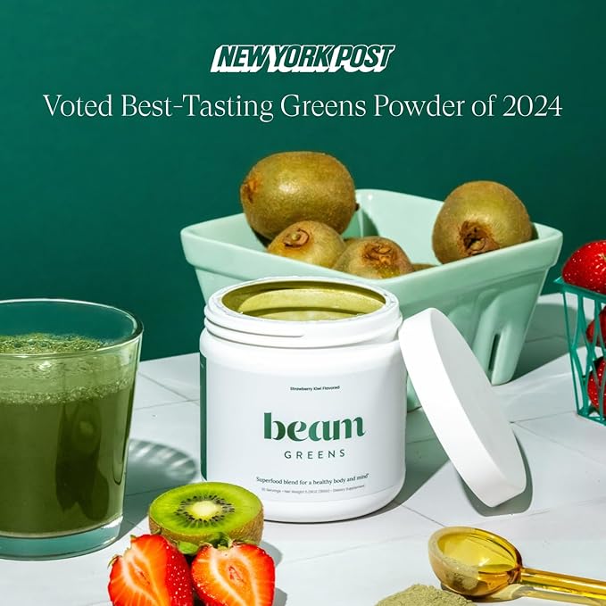 Beam Greens Powder, Superfood Supplement for Gut Health, Vegan Organic Blend with Ashwagandha, Vitamin C, B12, B6, D, Non-GMO Daily Detox & Immune Support, Strawberry Kiwi Flavor - 30 Servings