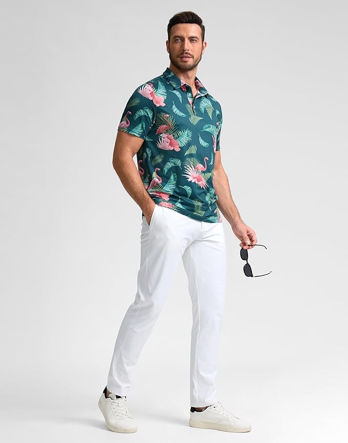 Obla Mens Golf Polo Shirts Short Sleeve Dry Fit Performance Moisture Wicking Casual Print Collared Golf Shirts for Men