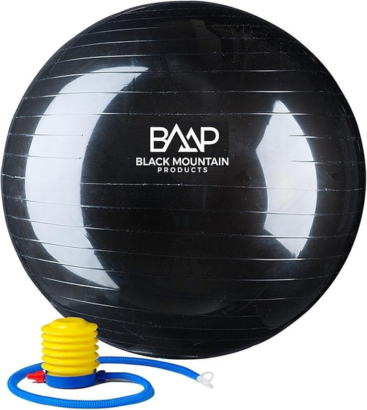 Black Mountain Products Exercise Stability Yoga Ball, Foot Pump, Ball Plug, Plug Puller, 2000 Lbs Static Weight Capacity Antiburst