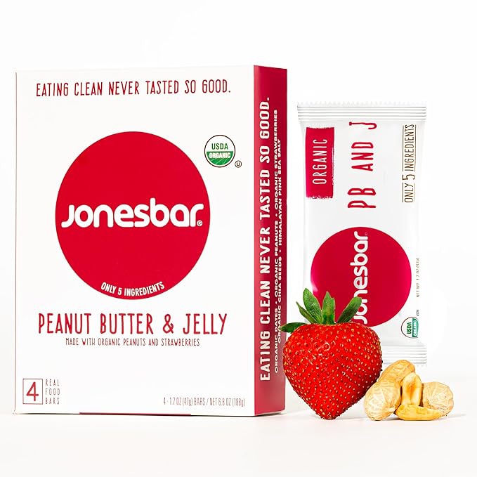 JONESBAR (Peanut Butter & Jelly, 4 Count (Pack of 1)), USDA Organic Fruit & Nut Bar, Non-GMO, Kosher, Vegan, Gluten Free, Simple Snack Bar