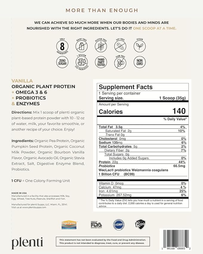 plenti Organic Plant-Based Protein Powder: Vanilla - 20g Pea Protein + Probiotics, Digestive Enzymes & Omega 3-6, Gut Friendly, Sugar Free, 27 Servings (2 lbs)