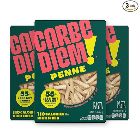 Carbe Diem!, Penne, Lower Net Carb Pasta with Traditional Flavor & Texture, 55% Fewer Net Carbs & Only 110 Calories Per Serving, Pack of 3