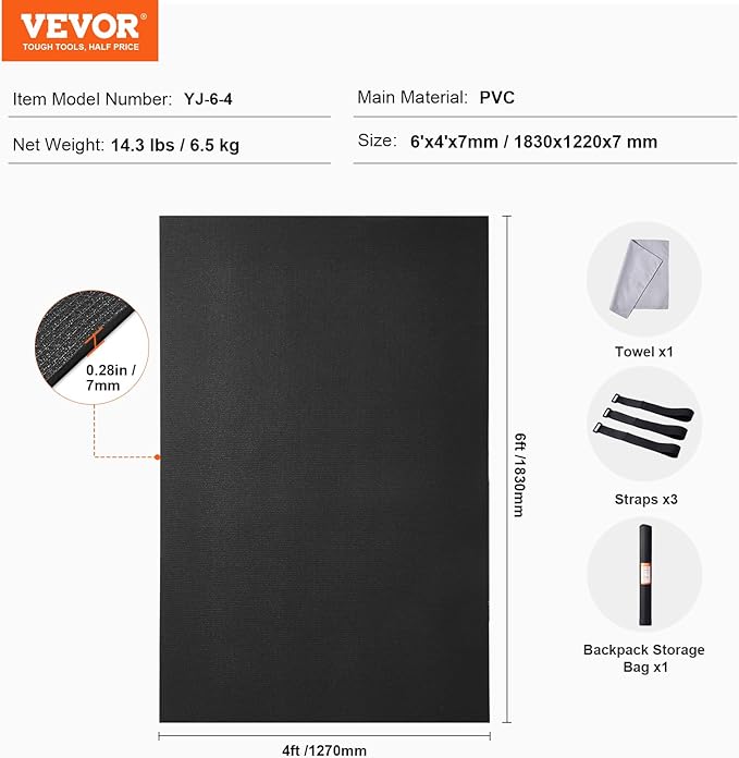 VEVOR Large Exercise Mat, Non Slip High Density Premium Yoga Mat, Exercise Yoga Mat for Men Women, Fitness & Exercise Mat with Bag & Carry Strap, for All Types of Home Yoga, Pilate & Floor Workout