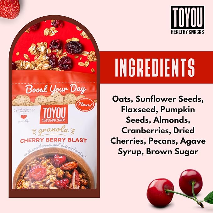 ToYou Snacks Granola, Fruit and Granola Cereal, | Cherry Berry Blast - 12 Ounce (Pack of 1) | Gluten Free, Plant Based, Vegan, Healthy Snacks for Adults and Kids, Breakfast Cereal with Protein and Fiber