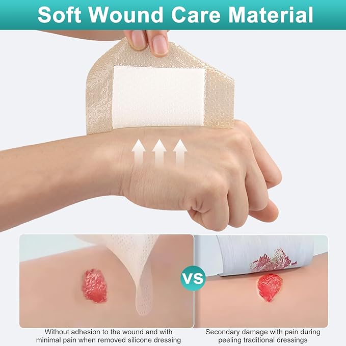 Silicone Foam Dressing 3“ x 3”, Waterproof Silicone Bandages for Wounds, 5-Layer Wound Pads with Adhesive Border for Pressure Ulcers, Painless Removal, Wound Care Pads for Bed Sore,10 Pack