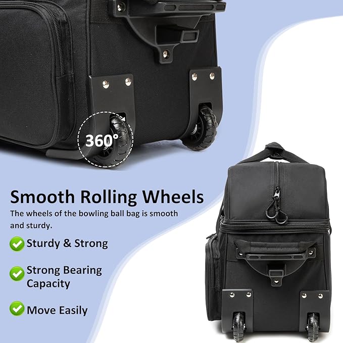 Bowling Bag with Wheels Double Roller 2 Ball Bowling Separate Shoe Compartment and Oversized Accessory Pocket, 36.6" Extendable Handle.