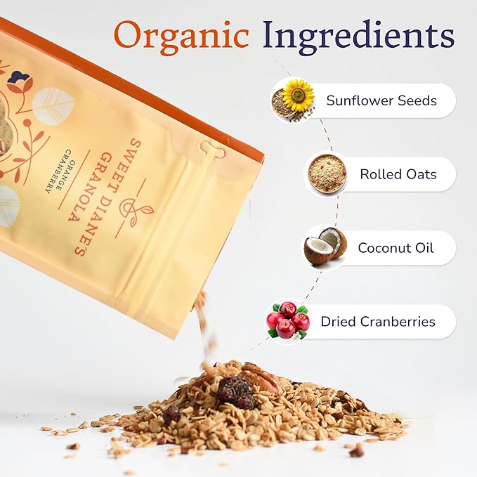 Sweet Diane’s Granola – Standard Size (12 oz): Organic, Low-Sugar, High-Fiber, Gluten-Free, Vegan, Delicious Breakfast and Snack Topper (Classic Size, Orange Cranberry)