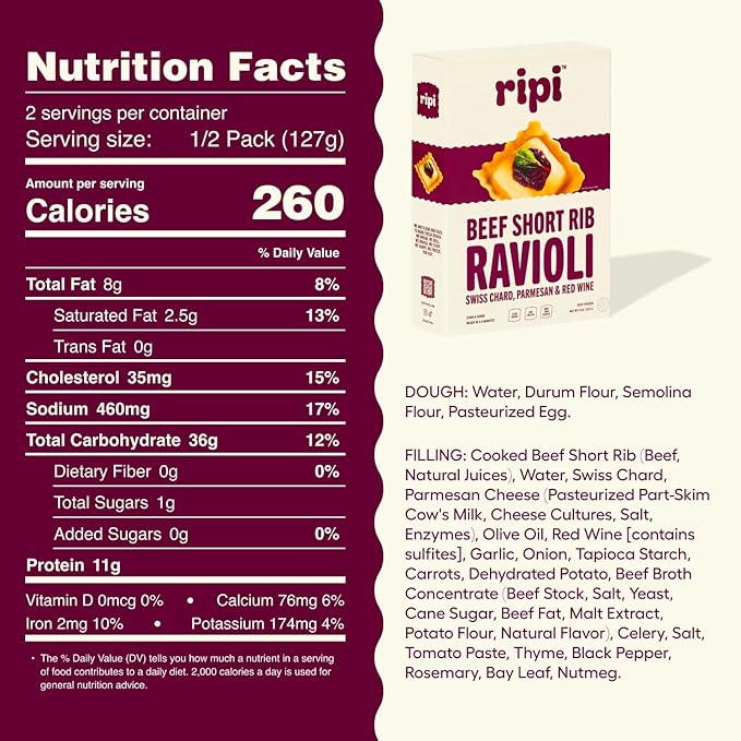 Ripi Braised Short Rib Ravioli – Red Wine, Swiss Chard & Parmesan – Frozen Pasta Meal – Ready in Under 5 Minutes, 9oz, Pack of 12