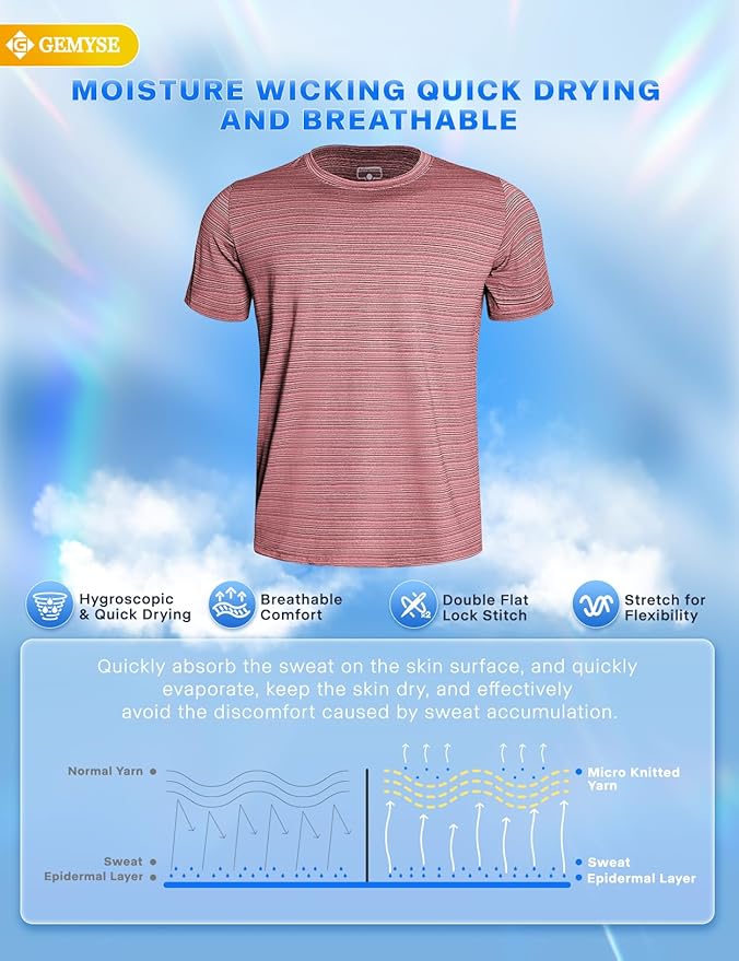 GEMYSE Men's Running Short Sleeve Shirt Sun Protection Quick Dry Moisture Wicking T-Shirts UPF 50+ for Workout