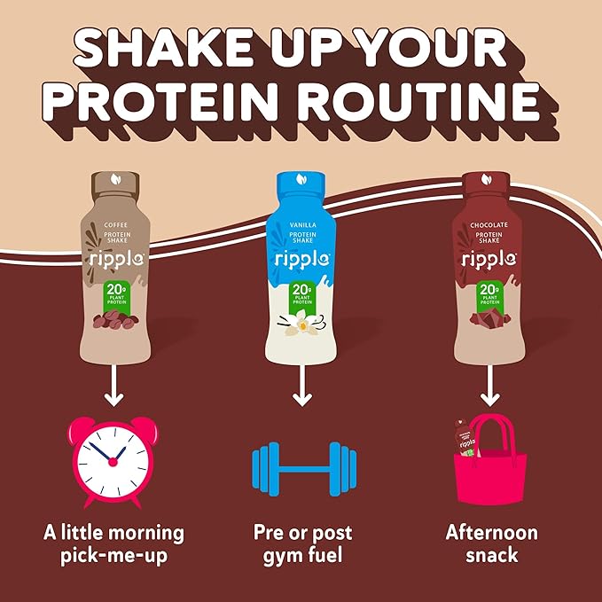 Ripple Vegan Protein Shake | Chocolate | 20g Nutritious Plant Based Pea Protein | Shelf Stable | No GMOs, Soy, Nut, Gluten, Lactose | 12 Oz, 12 Pack