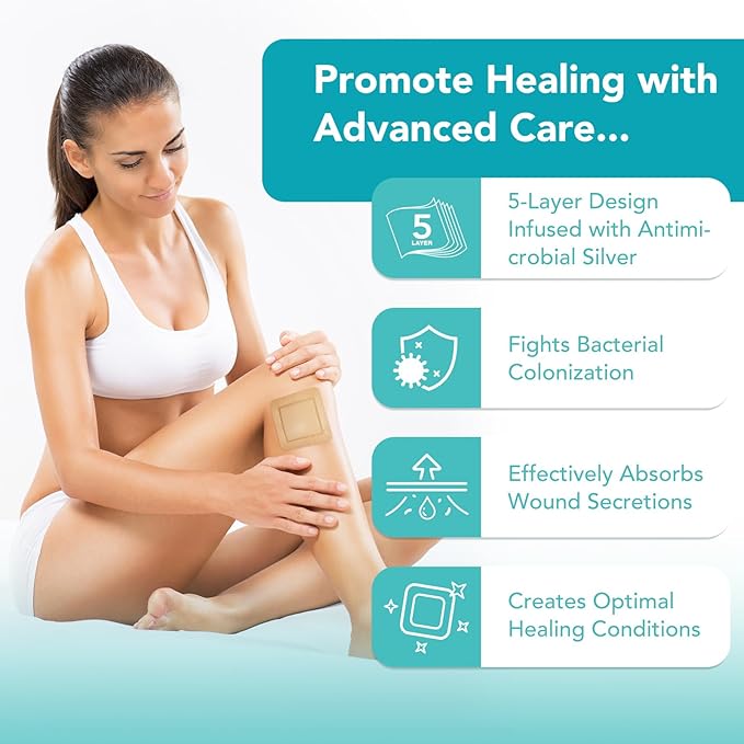 Silicone Foam Dressing Ag Sterile Wound Bandage with Waterproof Gentle Silicone Adhesive Border (10 Packs), 4"x 4" Breathable Ultra Absorbent Pads (4x4 Inch (Pack of 10))