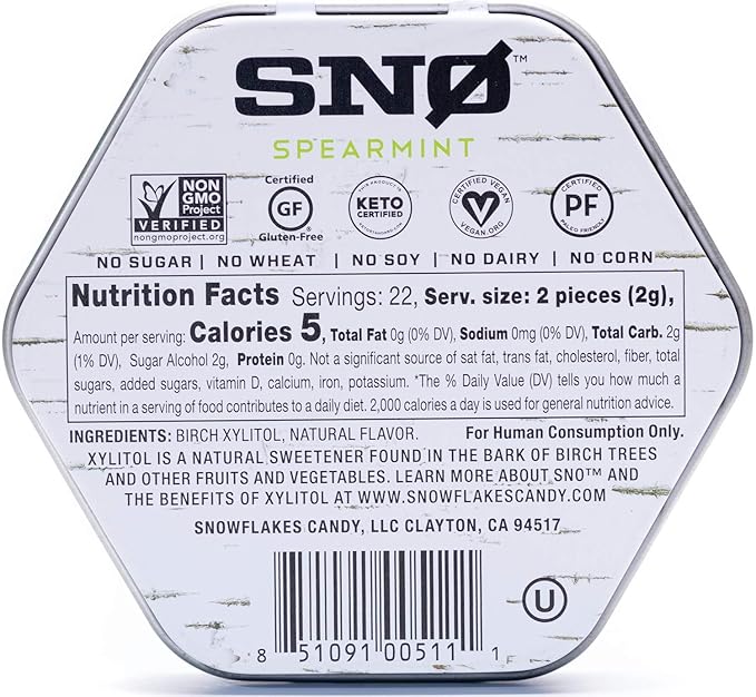 Spearmint KETO Xylitol Candy Chips (3-Pack) - SNØ 1.5oz Tin - Sugar-Free Candy With Only 2 Ingredients | Low Carbs, Diabetic-Friendly, Non-GMO, Vegan, GF & Kosher | Purest candy in the world!