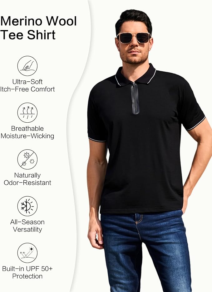 Merino Wool Polo Shirts for Men for Work Sport, Lightweight Breathable Moisture Wicking Mens Polo Shirt Short Sleeve