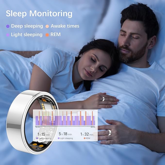 Ring Health Tracker for Women Men, Fit Ring with Heart Rate, Blood Oxygen, Sleep Monitor, Calories, Step Counter, IP68 Waterproof Smart Ring for iPhone & Android, No Subscription Fee (Silver, 7#)