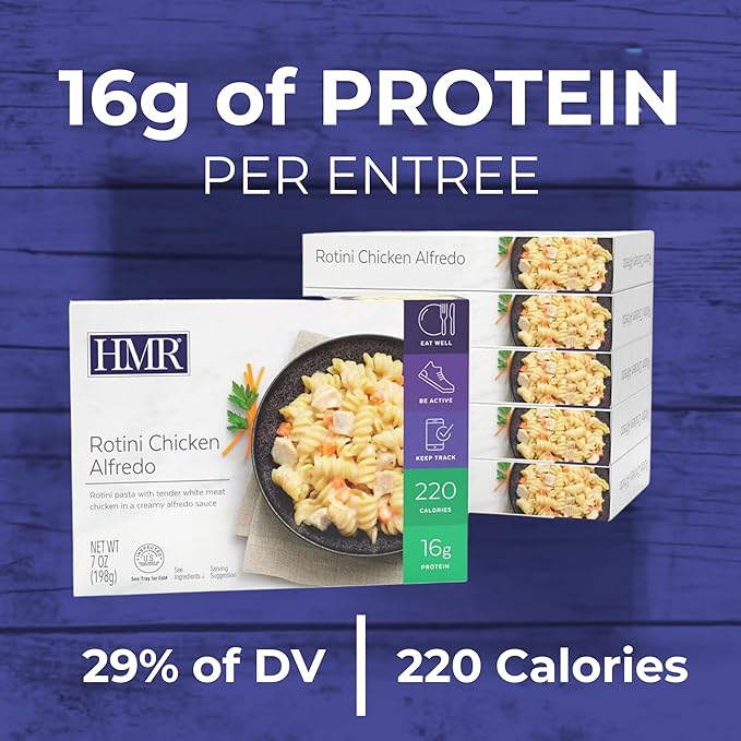 HMR Rotini Chicken Alfredo Entrée | Pre-packaged Lunch or Dinner to Support Healthy Eating | Ready to Eat | 16g of Protein | Low Calorie Food | 7oz Serving per Meal | Pack of 6