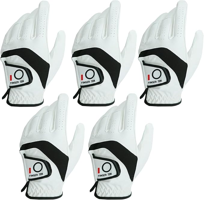 FINGER TEN Golf Gloves Men Left Hand Right Leather Value 5 Pack, Mens Golf Glove for Right Left Handed Golfer All Weather Grip Small Medium ML Large XL XXL 3XL