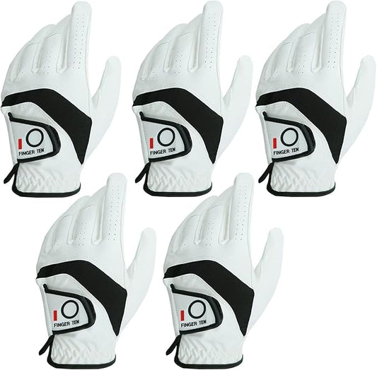 FINGER TEN Golf Gloves Men Left Hand Right Leather Value 5 Pack, Mens Golf Glove for Right Left Handed Golfer All Weather Grip Small Medium ML Large XL XXL 3XL