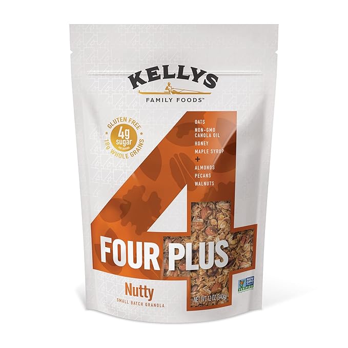 Kelly's Four Plus Granola (Variety Pack) Healthy Granola Cereal with Whole Grain Oats, Honey, Maple Syrup - Non-GMO, Low Sugar, Sodium Free and Gluten Free Granola for Yogurt - 12oz (Pack of 4)